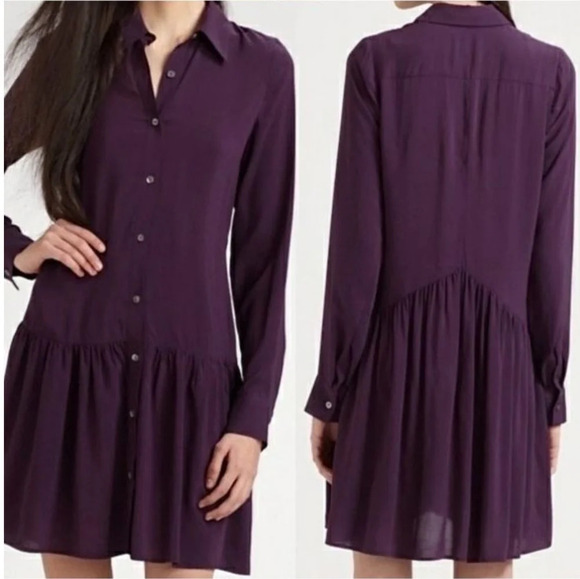 Theory Failly Rove Pleated Drop Waist Long Sleeve Purple Button Shirt Dress 2 - Picture 1 of 16